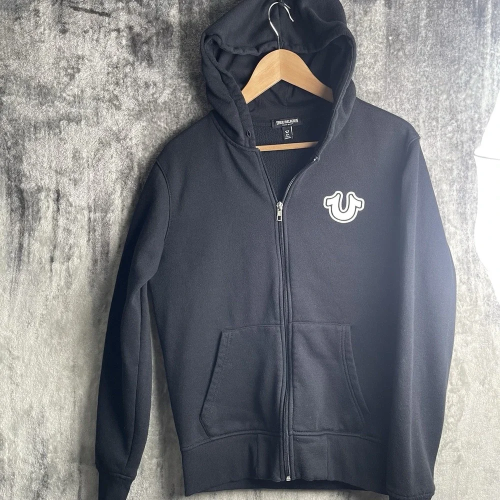 Y2K True Religion Hoodie Sweatshirt‎ Mens S Black Full Zip Fleece Buddha Logo